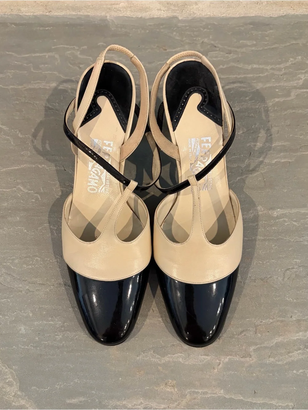 Salvatore Ferragamo Vintage Two-Tone T-Strap Slingback Heels - Picture 2 of 7